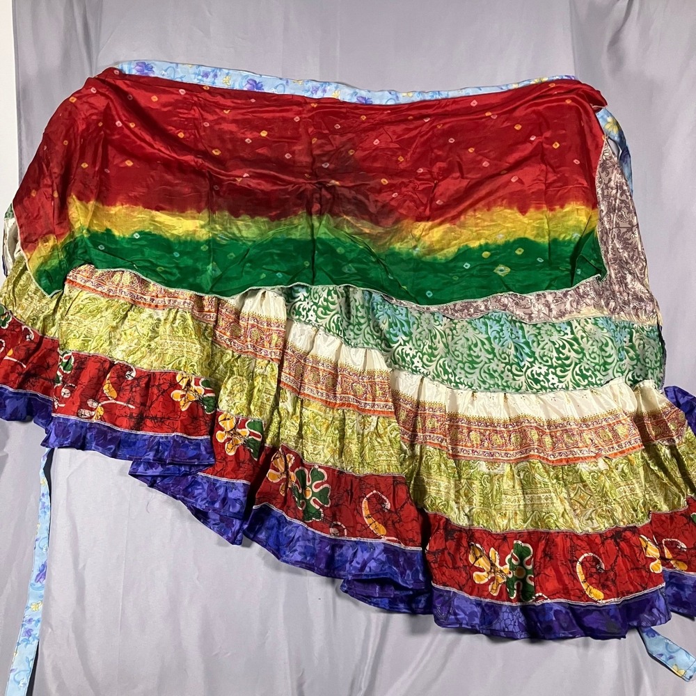 Bohemian Silk Wrap Skirt Rainbow Tie Dye Tiered Ruffled Made in Nepal - Picture 10 of 14